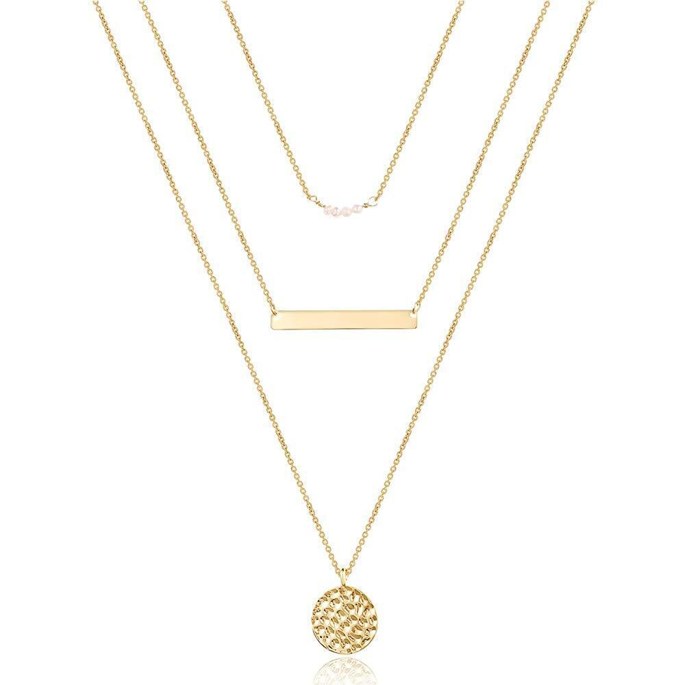 Dainty Layering Simulated Pearls Bar Necklace Hammered Disc Pendant Necklaces